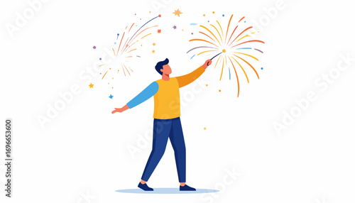 Joyful man with a sparkler creating a vibrant fireworks display, representing celebration, success, and festive occasions