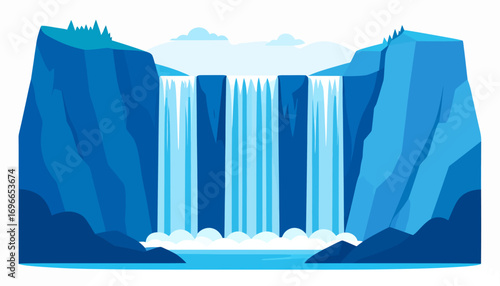 A scenic vector illustration of a powerful waterfall cascading between steep blue cliffs into a tranquil basin