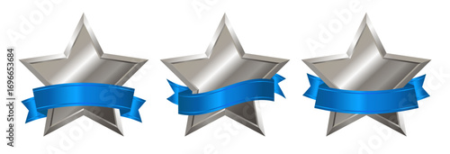Set of realistic silver star with blue satin silk ribbon. Element, icon with metallic effect for award, medal, rating designation, status on white background. Isolated vector illustration EPS10