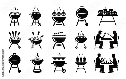 Vector art of collection of barbecue grill icons, showcasing various designs and styles for outdoor cooking, perfect for summer, grilling, and picnic themes