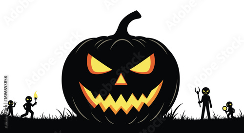 Spooky halloween night with a giant evil pumpkin and silhouetted trick or treaters