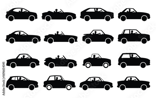 Vector art of collection of car silhouettes, showcasing various models and styles for automotive design and transportation concepts