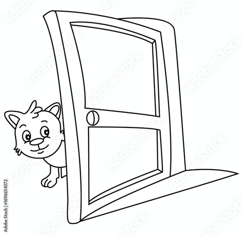 cute cartoon hand drawn vector at hide behind the door outline.