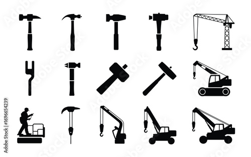 Vector art of construction equipment silhouettes, showcasing tools, cranes, and machinery for building and industrial projects
