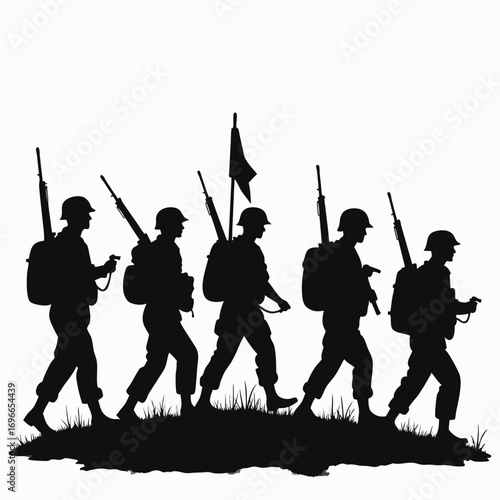 Five soldiers with rifles and flag marching silhouette