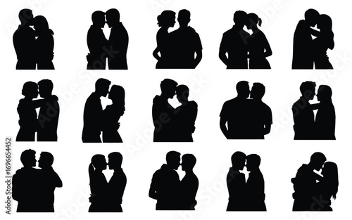 Vector art of silhouette collection of couples embracing and kissing vector illustration of romantic moments and intimate connections between lovers