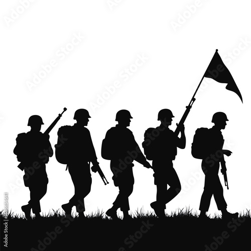 Five soldiers with rifles and flag marching silhouette