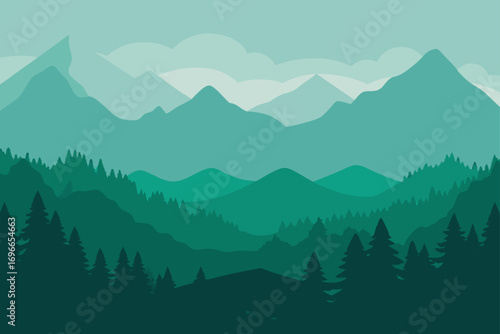 Layered mountains and forests in shades of turquoise