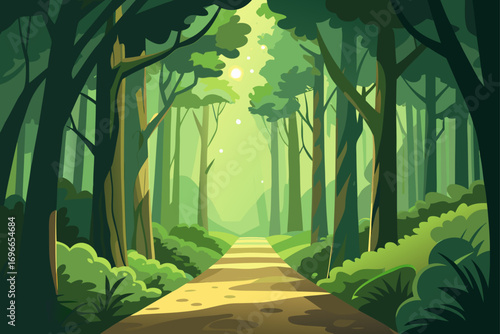 A path through a dense green forest illustration