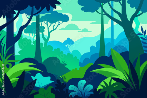 Illustration of a dense forest with various trees