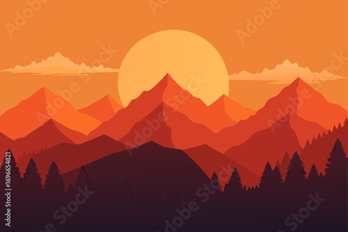 Illustration of mountains at sunset with trees below