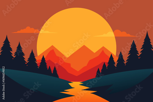 Landscape with sunset mountains and river scenery view