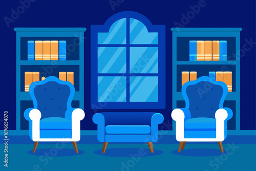 Illustration of a room with chairs and bookshelves