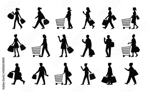 Vector art of silhouette of people shopping with bags and carts set of black and white vector illustrations of men and women in various poses