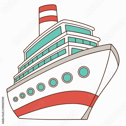 Illustration of a white cruise ship with red accents and a striped smokestack