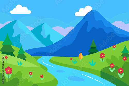 Illustration of mountains river and meadow landscape