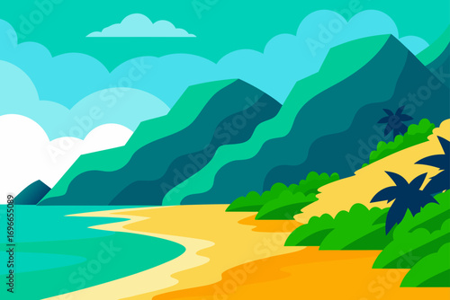 Scenic beach landscape with mountains and palm trees