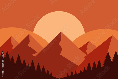 Silhouette landscape with mountains and rising sun