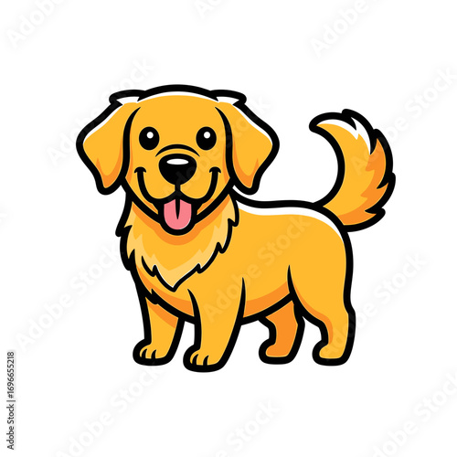 Cartoon illustration of a happy golden retriever dog with a smiling face and wagging tail.