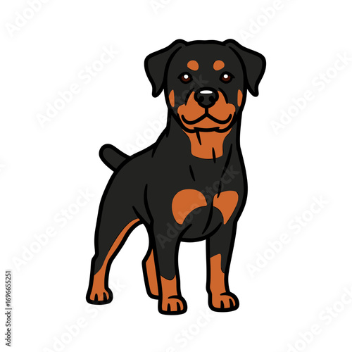 Cartoon illustration of a standing Rottweiler dog with black and tan markings on a white background.