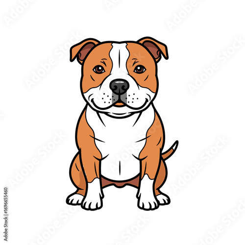 Cartoon illustration of a happy Staffordshire Bull Terrier dog, sitting.