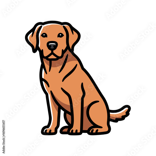 Cartoon illustration of a sitting golden retriever dog with a friendly expression and black outline.