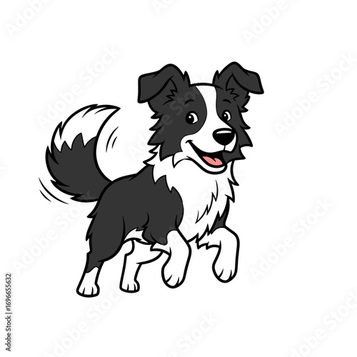 A cheerful black and white Border Collie dog walking happily, depicted in a simple cartoon illustration style.