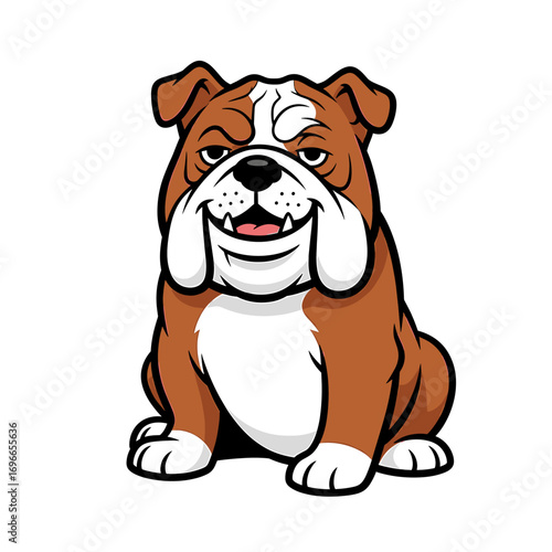 A cartoon illustration of a brown and white bulldog sitting down with a happy expression.