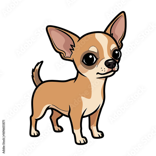 Cartoon illustration of a cute Chihuahua dog with big eyes and a happy expression, standing.