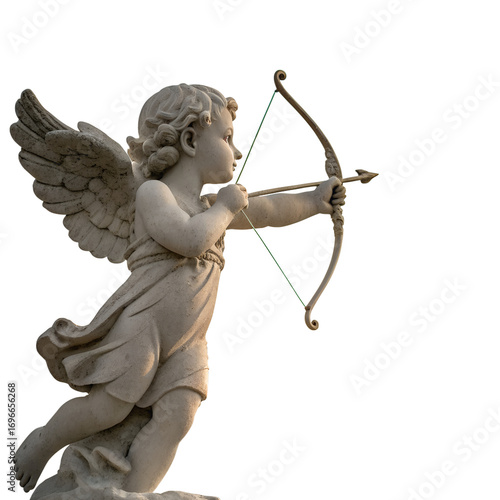 Ethereal Cupid Sculpture: A detailed stone sculpture of Cupid, poised with bow and arrow, ready to release an arrow into the world, embodying the essence of love and romance.