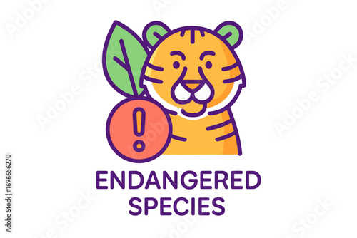 Cartoon tiger representing endangered species with leaf and alert symbol Endangered Species