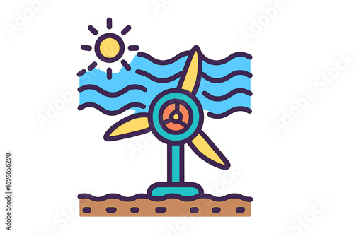 Wind turbine generating energy by water with sun in background Underwater Turbine
