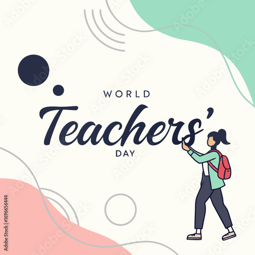 Celebrating world teachers' day with a student reaching up to the text in a colorful abstract background perfect for educational and celebratory designs