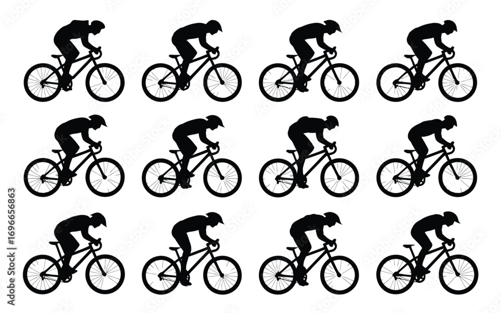 Obraz premium Vector art of silhouette collection of cyclist set of vector illustrations of people riding a bicycle, cycling, and doing sport