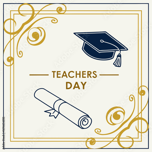 Elegant teachers day graphic with a graduation cap and diploma scroll in a decorative gold frame on a cream background for educational celebrations