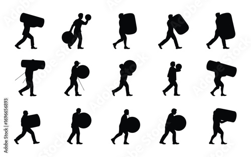 Vector art of silhouette of person carrying heavy object collection of different poses and gestures for burden, work, and effort concept