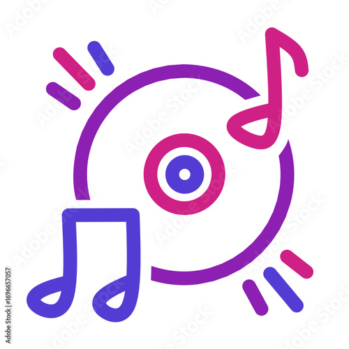 A retro cassette tape icon with colorful elements in purple, pink, and blue symbolizing music note symbol, nostalgia, audio recording, and vintage entertainment