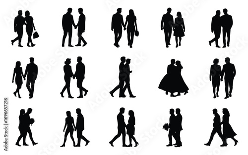 Vector art of silhouette of couples in love collection of diverse romantic pairs walking, holding hands, and embracing in black and white