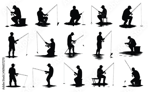 Vector art of silhouette collection of fishermen fishing with fishing rods, showcasing diverse poses and techniques in the art of angling