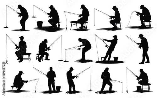 Vector art of silhouette collection of fishermen fishing with fishing rods, capturing the essence of angling in various poses and styles
