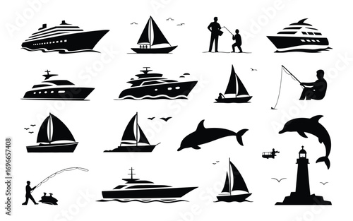 Vector art of set of black silhouettes of sea transport, yachts, ships, boats, lighthouse, dolphins, fisherman vector illustration