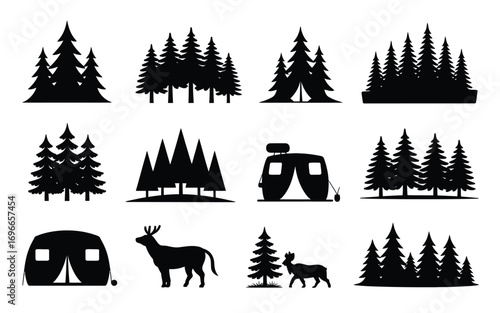 Vector art of set of black silhouettes of forest, trees, camping, tent, deer vector illustration