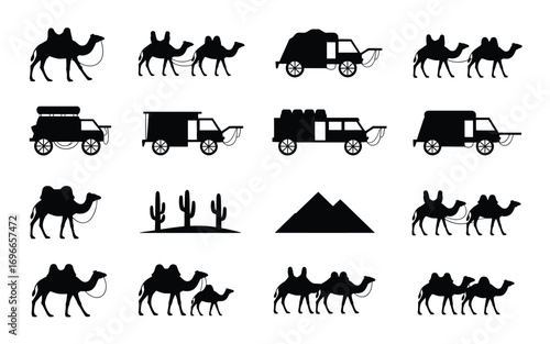 Vector art of set of black silhouettes of camel caravan, desert landscape, pyramid, car vector illustration