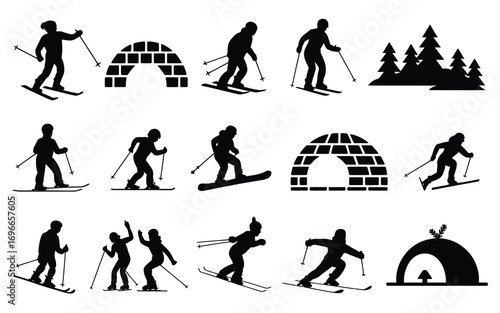 Vector art of collection of winter sports silhouettes skiing, snowboarding, igloo, winter forest, skiing tent, and other winter activities