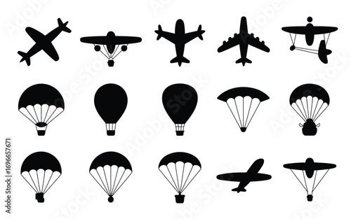 Vector art of collection of flying silhouettes airplane, hot air balloon, parachute, and other air transport for travel and recreation