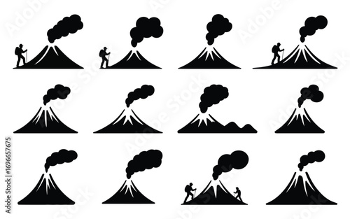 Vector art of set of volcano eruption silhouette icons collection of volcano with smoke, lava and hiker vector illustration