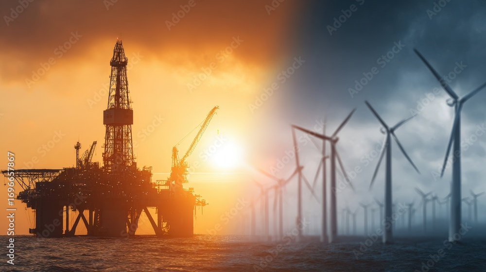 Obraz premium symbolic image of clean energy transition from oil, half image showing oil rig, half wind turbines in sunrise light