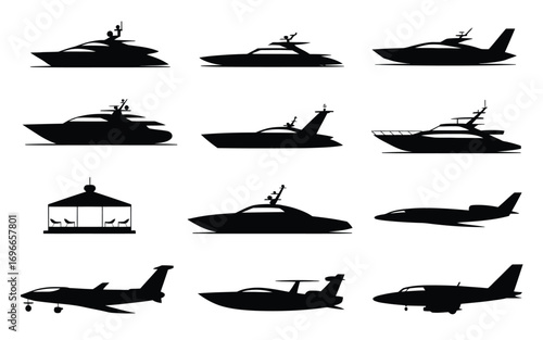 Vector art of silhouette of luxury transportation, showcasing various yachts, private jets, and a gazebo in a simple, elegant design