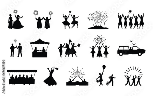 Vector art of silhouette of celebration and event, depicting various festive activities, gatherings, and joyful moments in a simple, elegant design