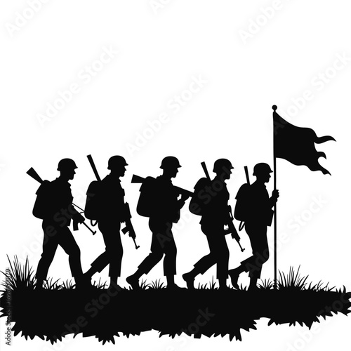 Silhouette of five soldiers marching with rifles and a flag Keywords: soldier, military